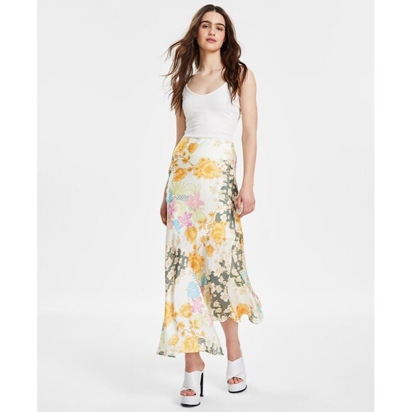 GUESS Women's Katrina Asymmetric Mix-Print Midi Skirt Yellow Multi Size M - Picture 1 of 10